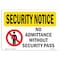 Signmission OSHA Security Sign, 5" Height, 7" Width, No Admittance Without Security Pass, Landscape OS-SN-D-57-L-11577 - alternate 1